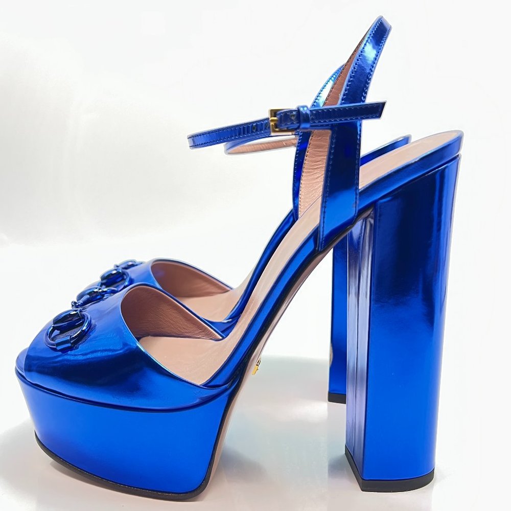 Gucci Horsebit Blue Metallic Leather Platform Sandals 38.5
